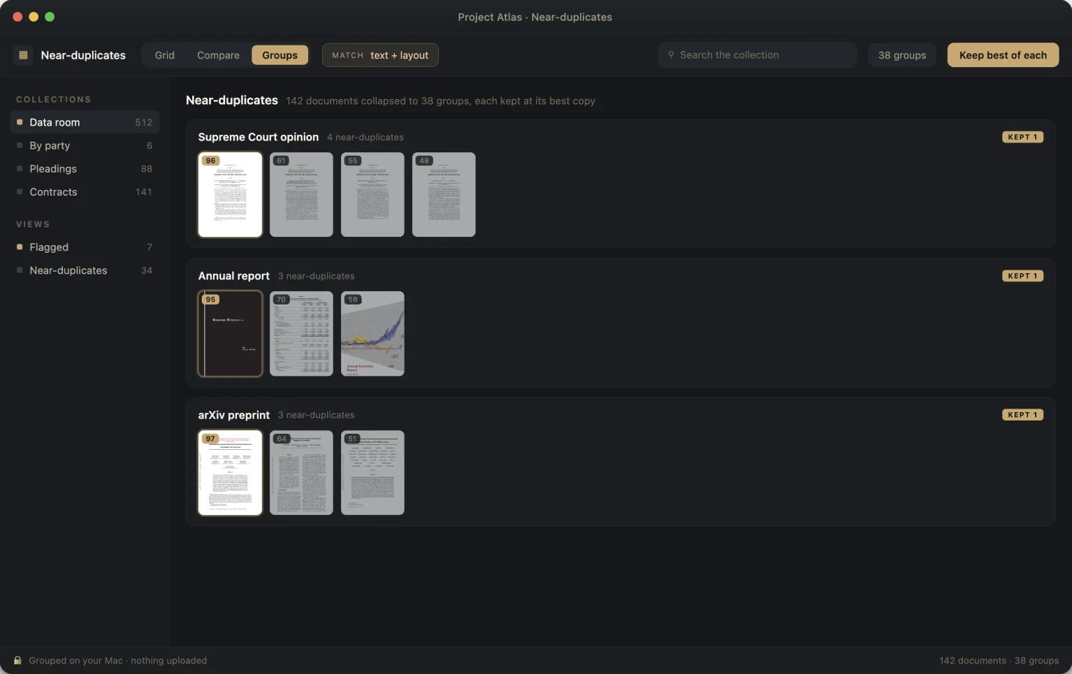 PageHawk collapsing 142 documents into 38 near-duplicate groups, keeping the best copy of each, right on your Mac.